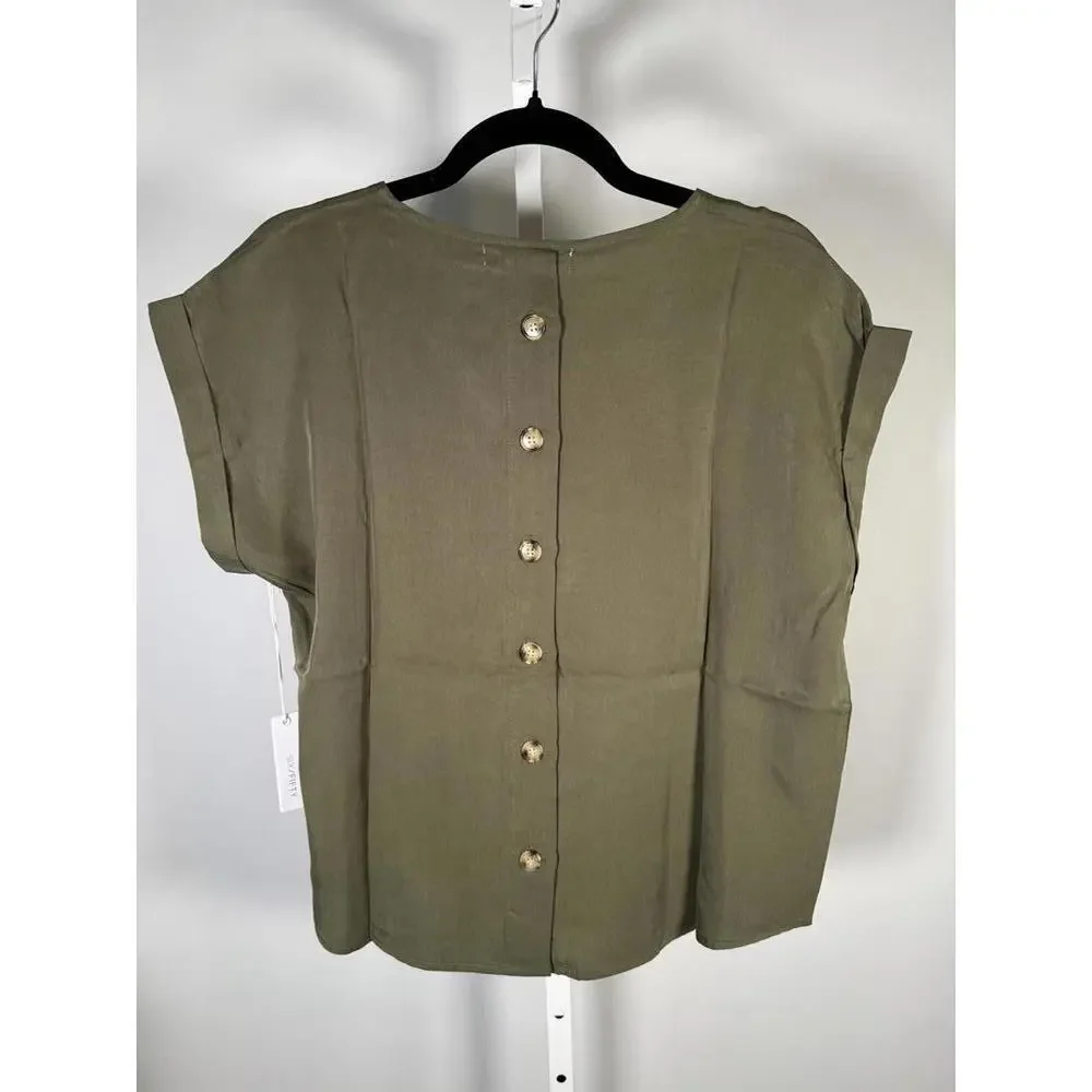 NWT Six/Fifty Olive Short Sleeve Pocket Top Button Back Blouse Size Medium - Picture 4 of 7